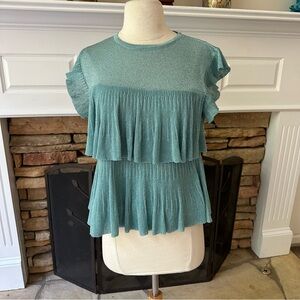 ZARA Blue Green Metallic Shimmer Tiered Ruffle Sleeveless Blouse Top Size medium